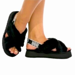 No offers UGG Disco Cross Slide BLACK Sheepskin 
FUR SANDALS/SLIPPERS Women’ Sz8